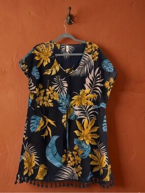 YINCRO Tassel Tropical Beach Coverup | Navy & Gold Botanical Tunic - M